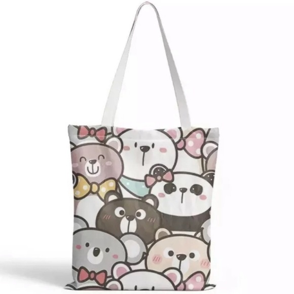 Tote bag canvas bear cartoon panda love heart animal colorful shoulder bag - Picture 2 of 3